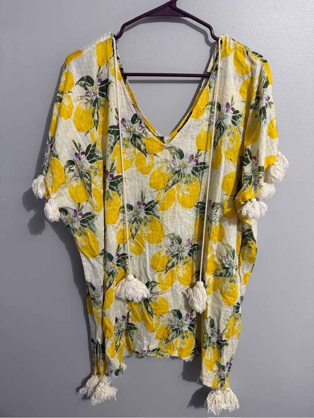 Gianni Bini Top Womens Medium Kimono Lemon Fruit Tassel Relaxed Boho Beachy